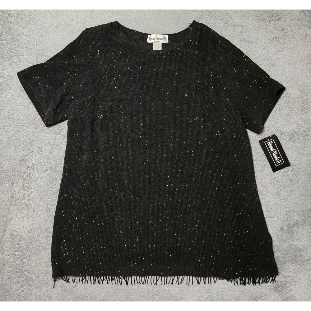 Ronni Nicole II Womens Top Size 18W Black Bead Fringe Hem Short Sleeve NWT